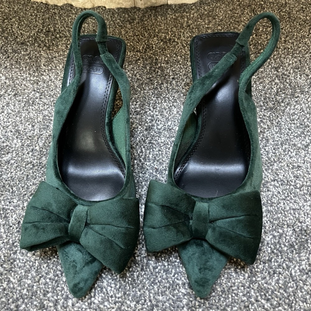 ASOS DESIGN Size 5‎ Suzy Bow Slingback Kitten Heel Shoes Green Velvet